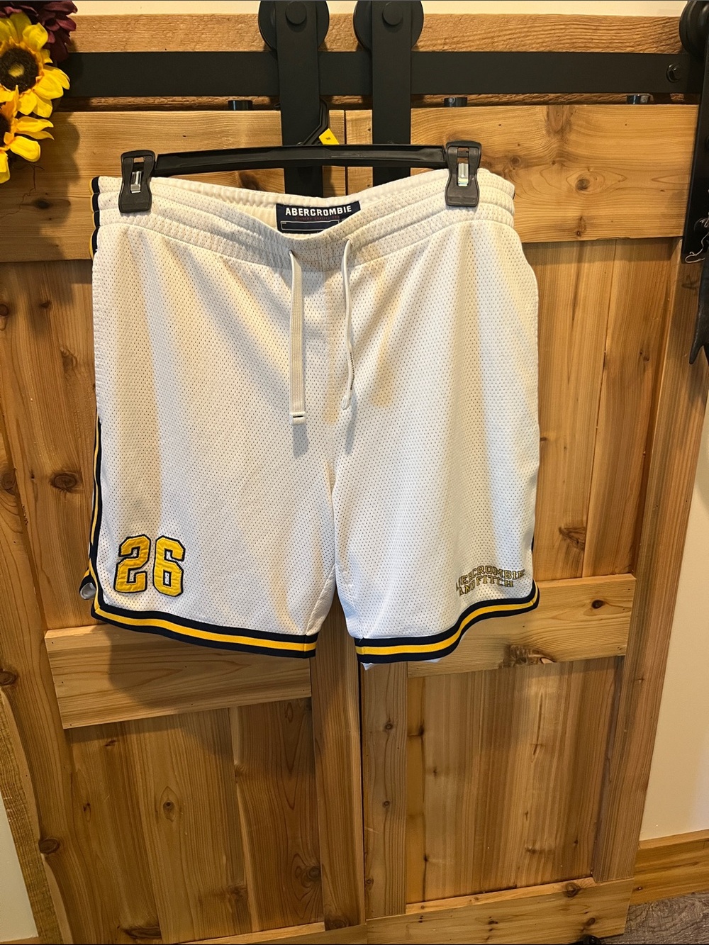 Abercrombie & Fitch White Mesh Athletic Shorts with Yellow and Navy Trim